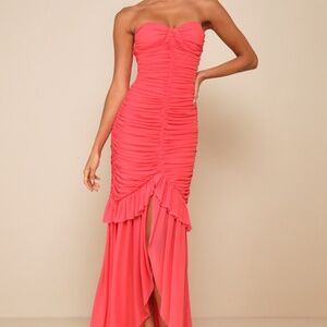 Lulus Unforgettable Beauty Coral Pink Mesh Ruched High-low Maxi Dress - Size XS